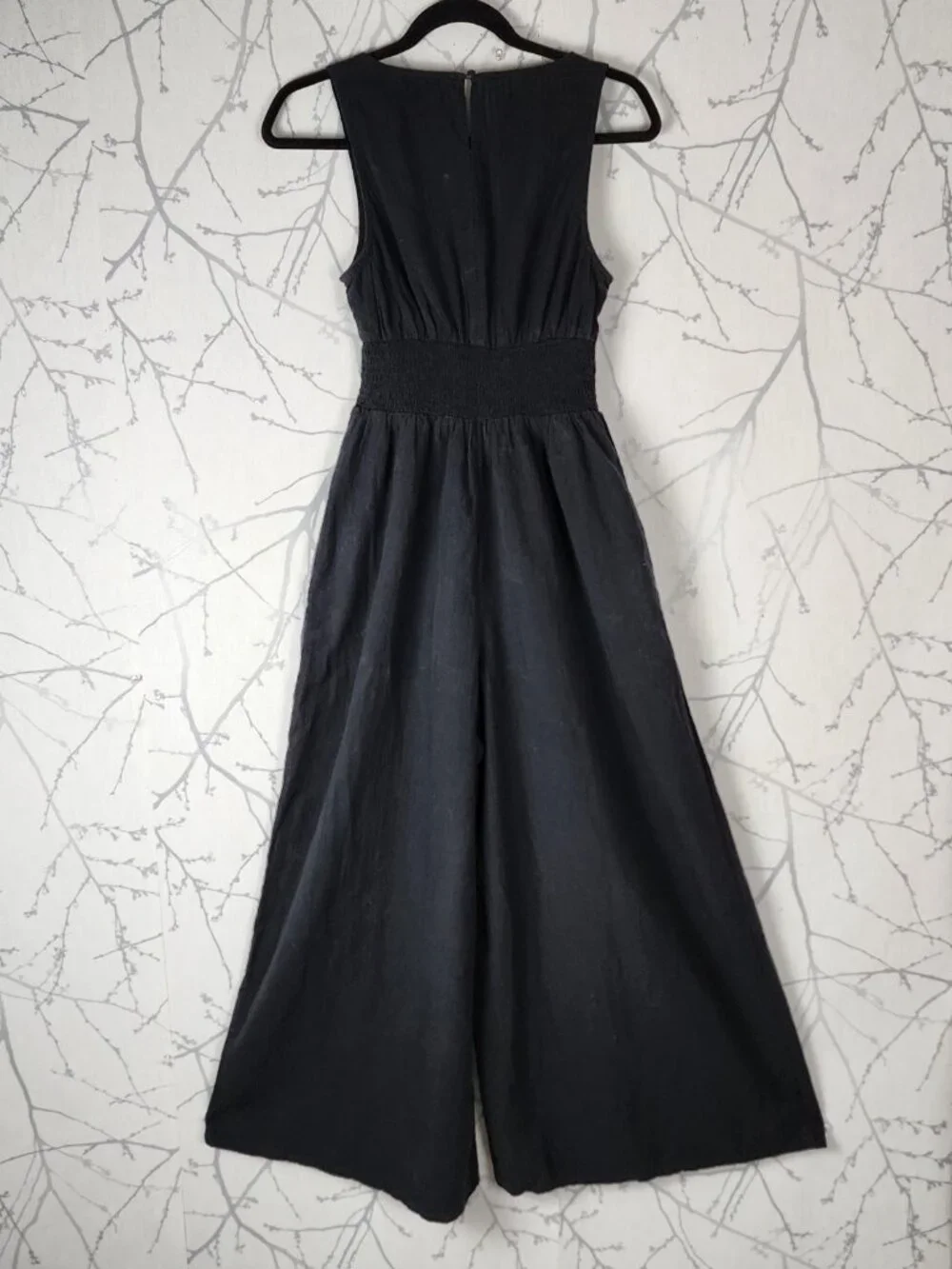 American Eagle Black Cotton Linen Smocked Wide Leg Jumpsuit - Picture 4 of 9